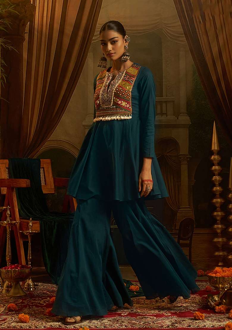 Teal Blue Embroidery Cotton Kurta Set - Indya