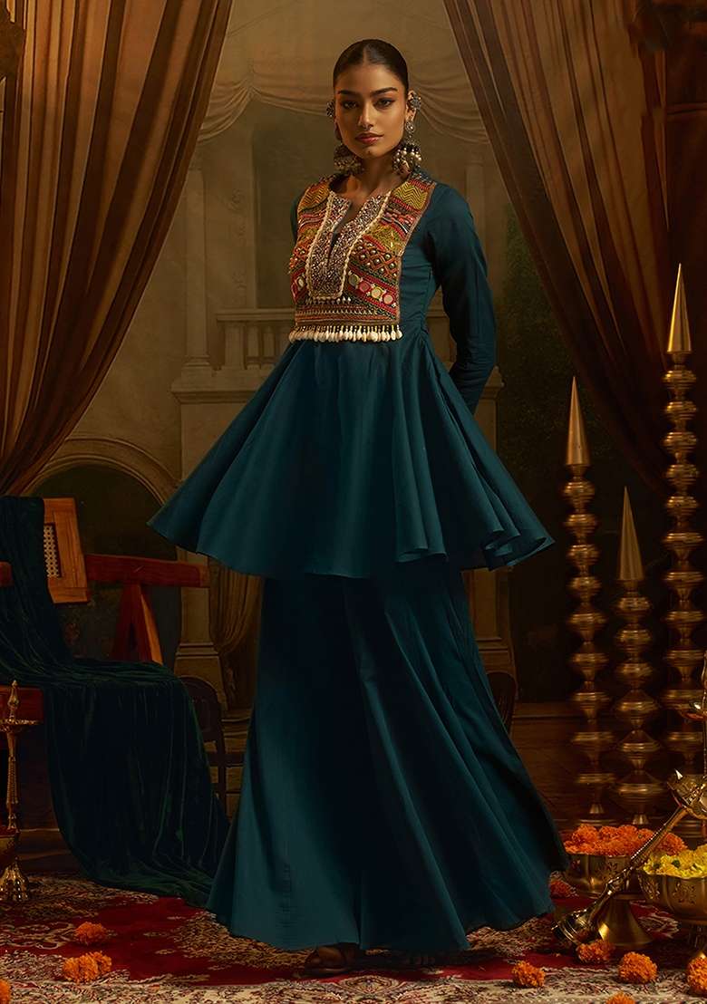 Teal Blue Embroidery Cotton Kurta Set - Indya