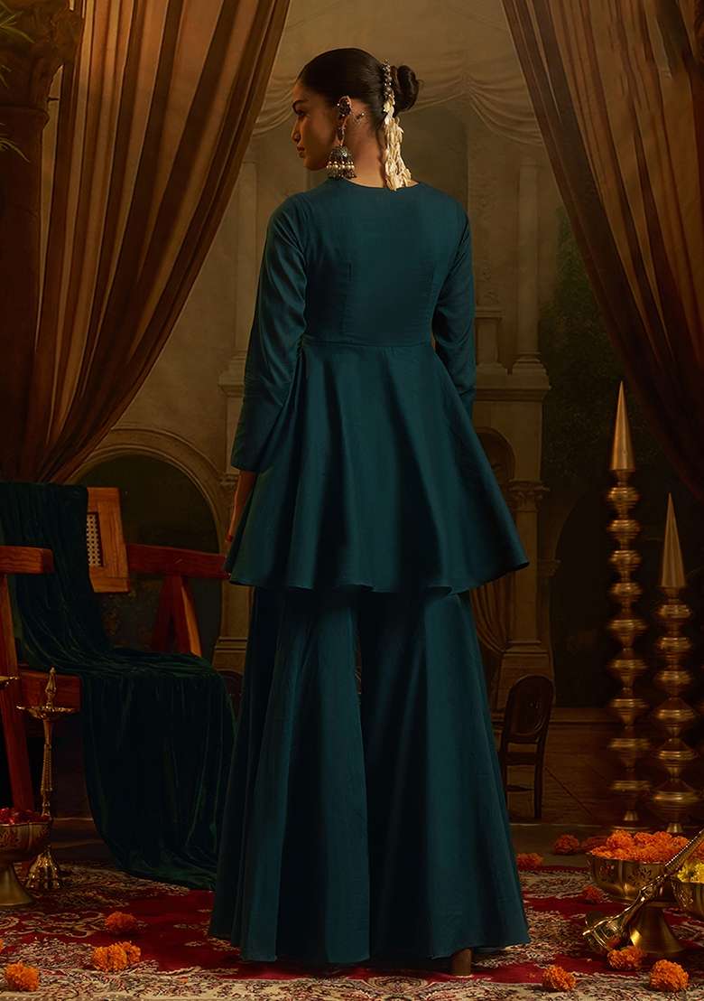 Teal Blue Embroidery Cotton Kurta Set - Indya