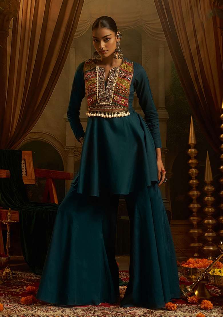 Teal Blue Embroidery Cotton Kurta Set - Indya