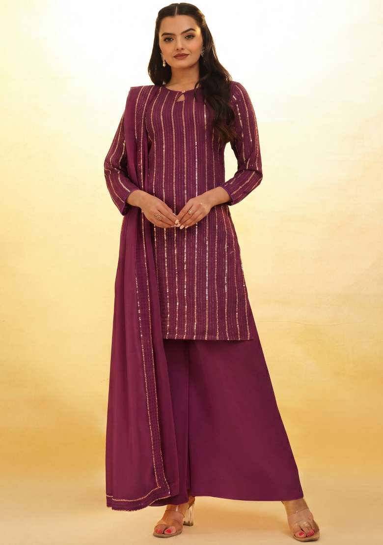 Wine Embroidery Georgette Kurta Set - Indya