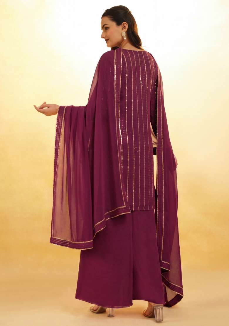 Wine Embroidery Georgette Kurta Set - Indya