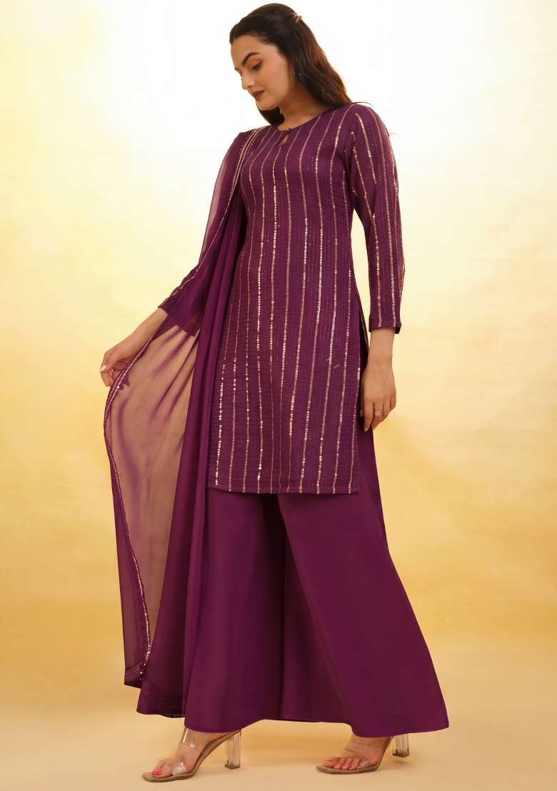 Wine Embroidery Georgette Kurta Set - Indya