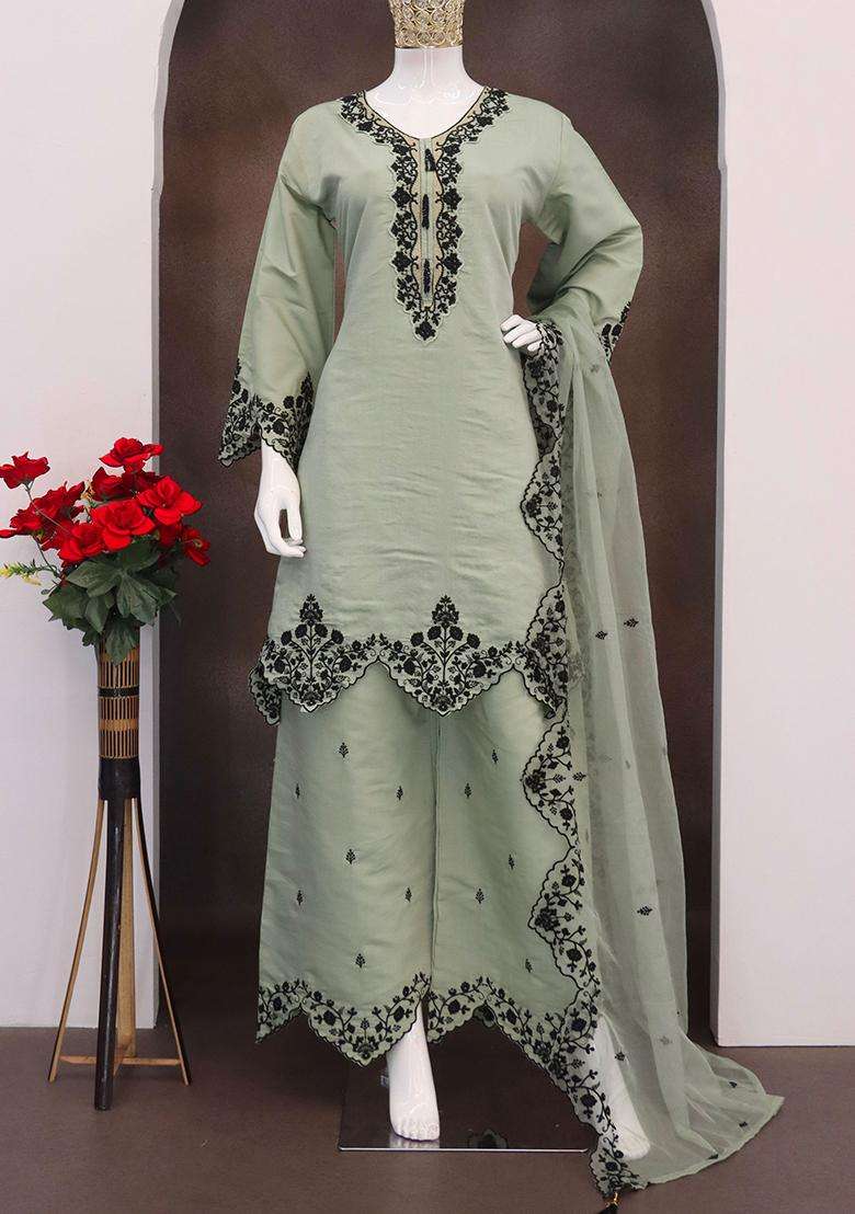 Pista Embroidery Silk Palazzo Set - Indya