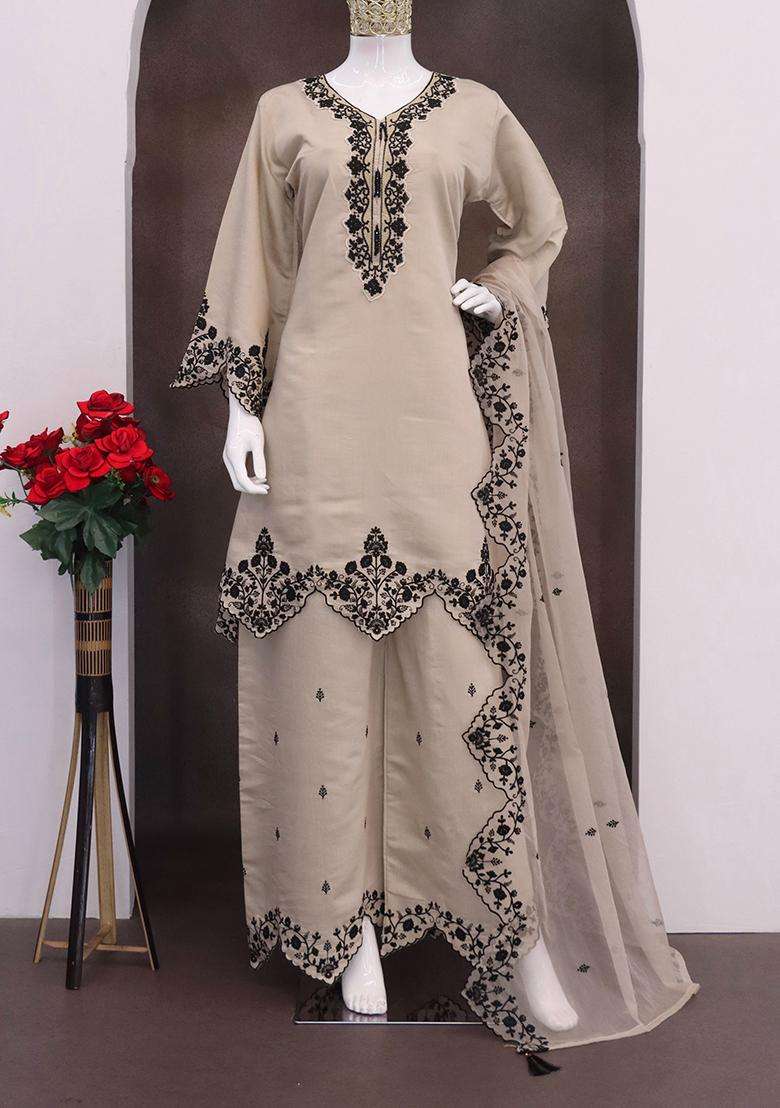 Cream Embroidery Silk Palazzo Set - Indya