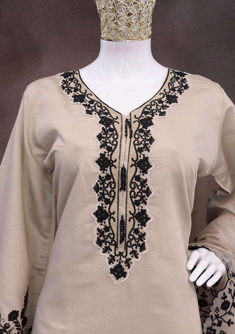 Cream Embroidery Silk Palazzo Set - Indya