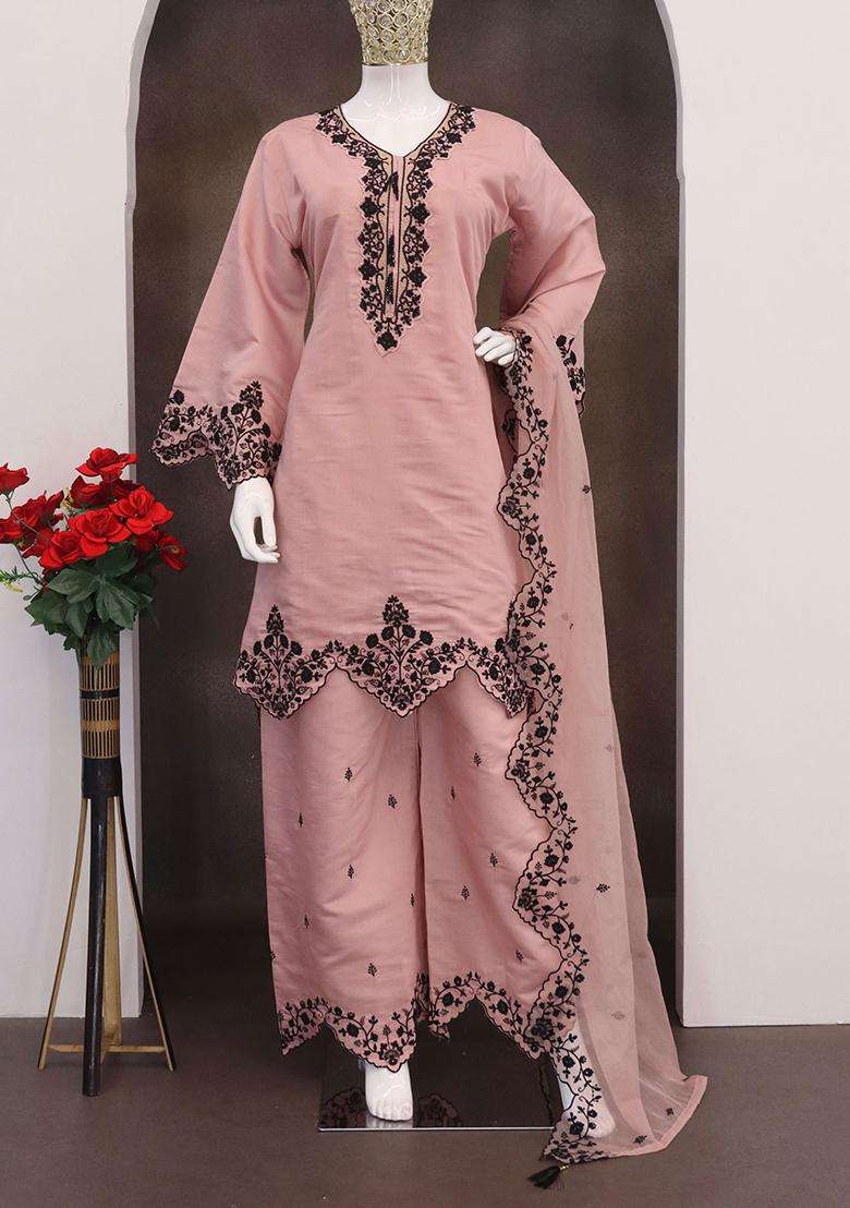 Pink Embroidery Silk Palazzo Set - Indya