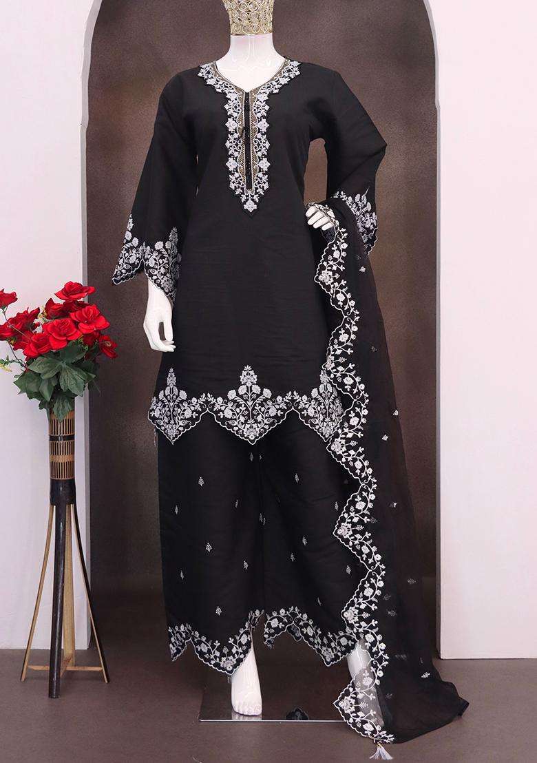 Black Embroidery Silk Palazzo Set - Indya