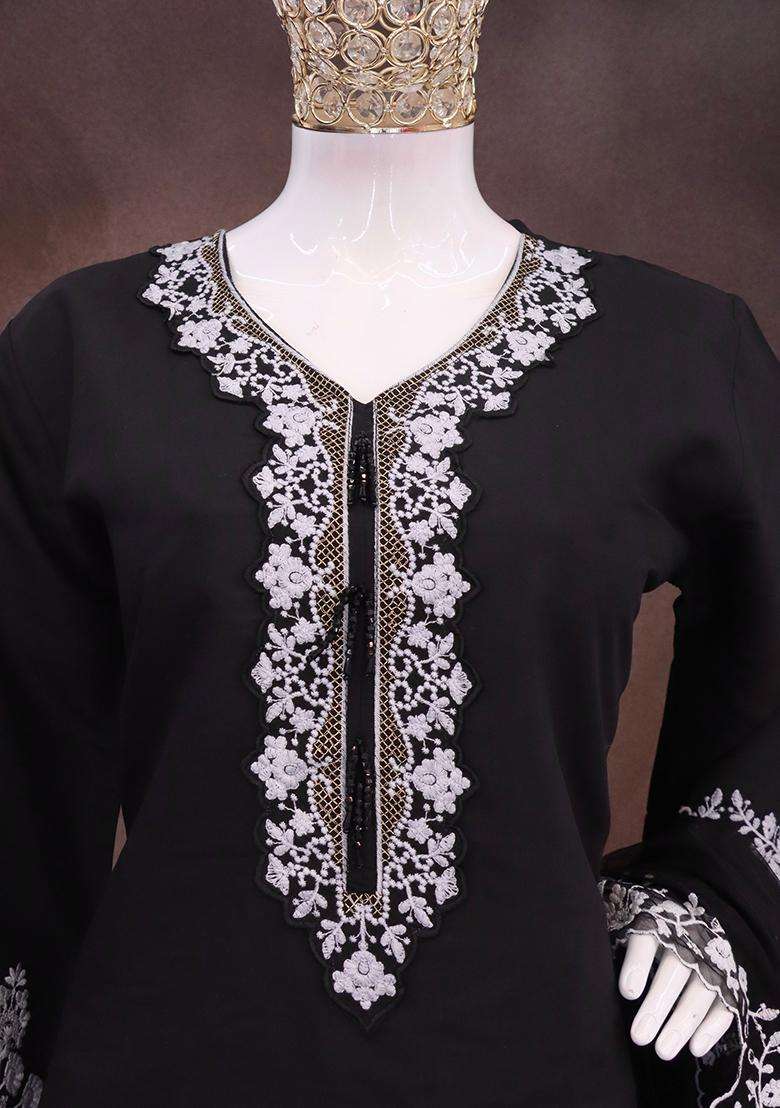 Black Embroidery Silk Palazzo Set - Indya