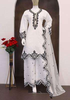 White Embroidery Silk Palazzo Set