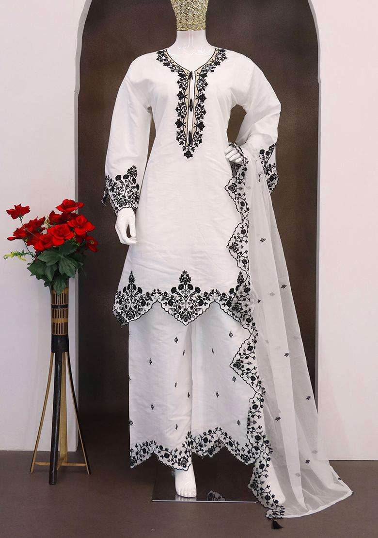 White Embroidery Silk Palazzo Set - Indya