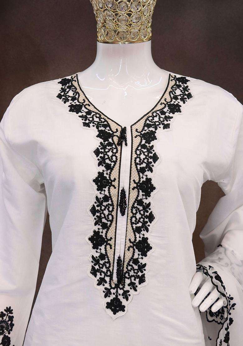 White Embroidery Silk Palazzo Set - Indya