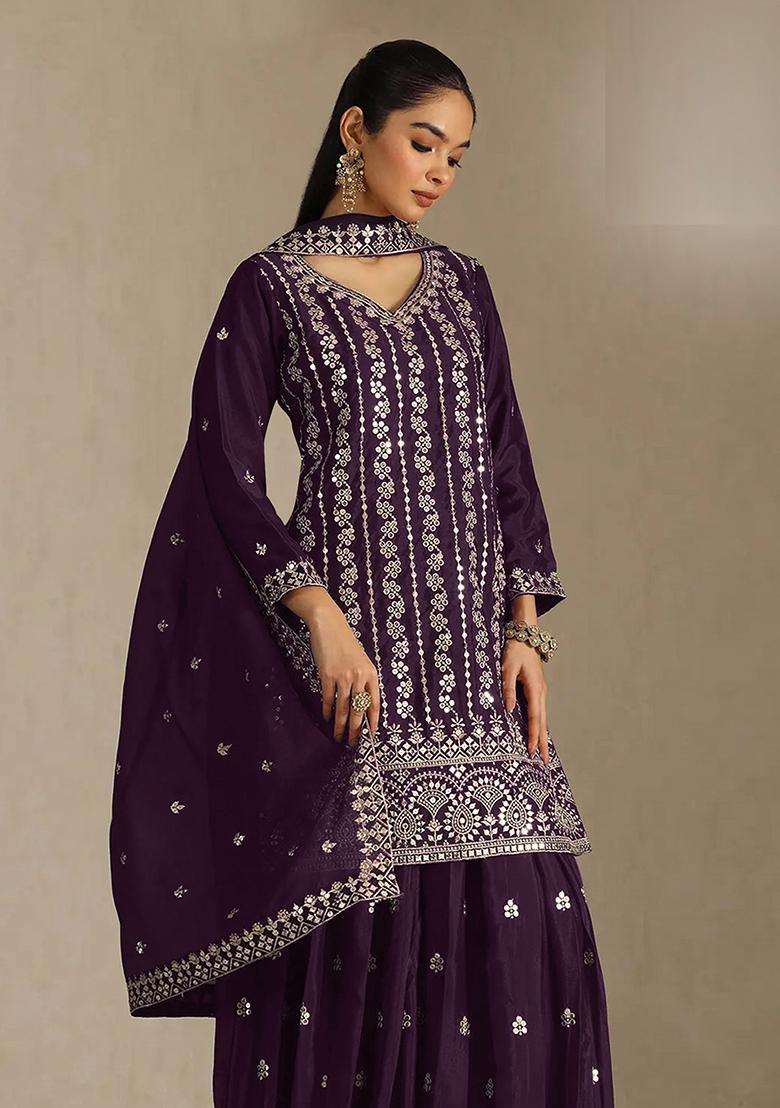 Deep Sequin Work Silk Sharara Set - Indya