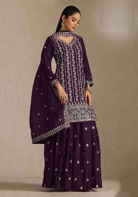 Deep Sequin Work Silk Sharara Set