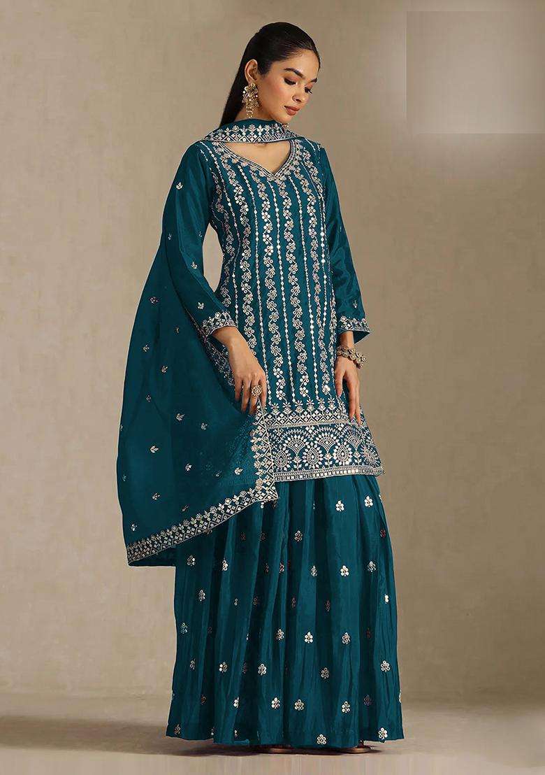 Teal Sequin Work Silk Sharara Set - Indya