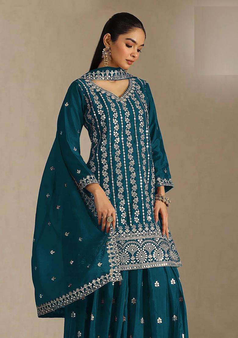 Teal Sequin Work Silk Sharara Set - Indya