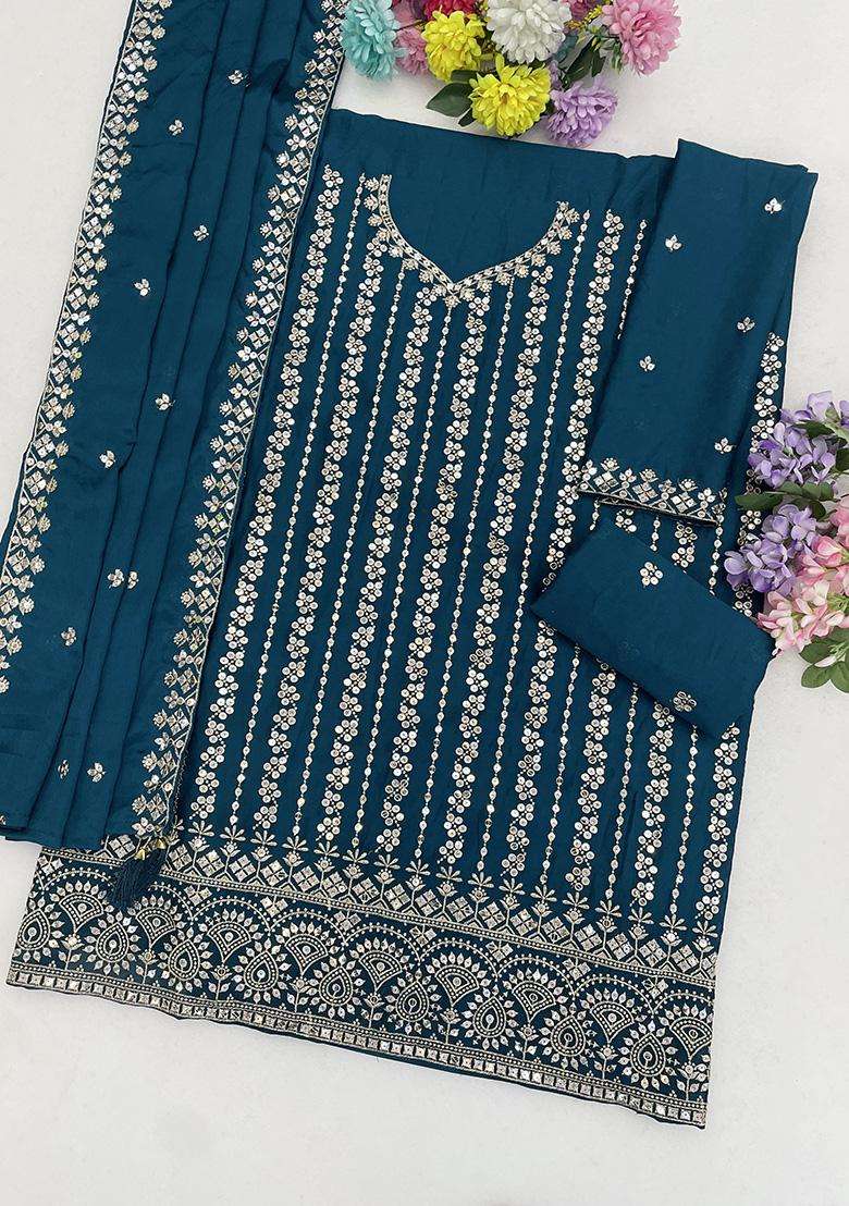 Teal Sequin Work Silk Sharara Set - Indya