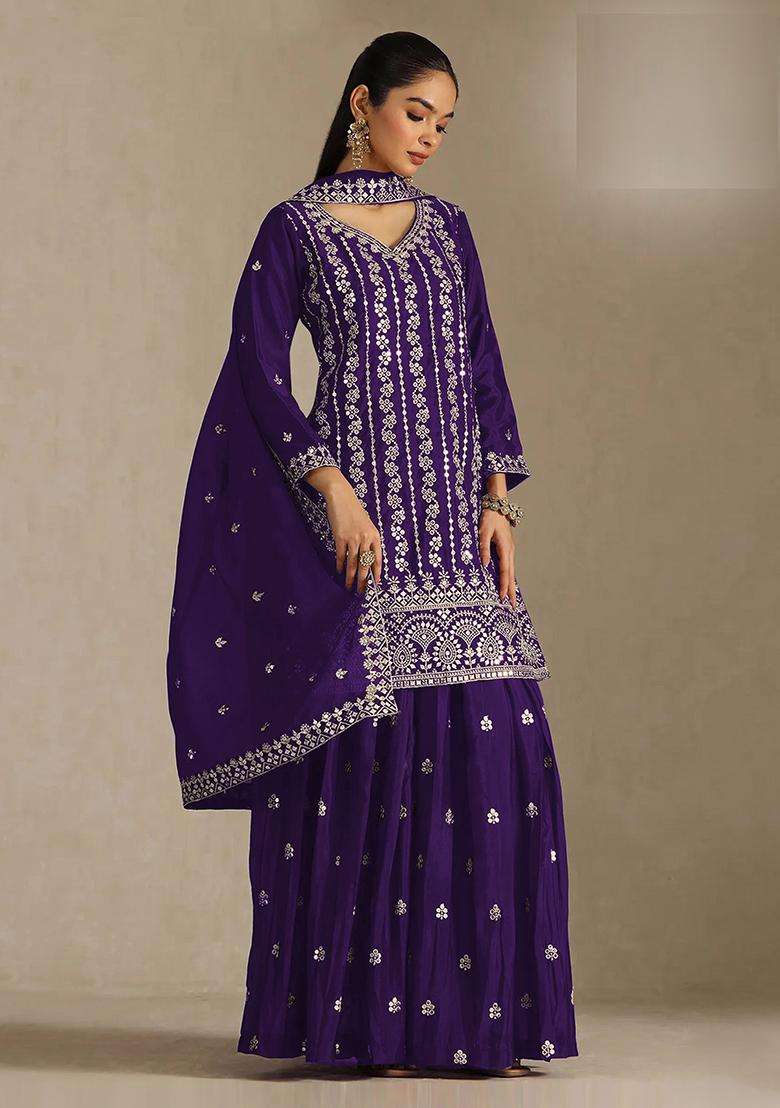 Purple Sequin Work Silk Sharara Set - Indya