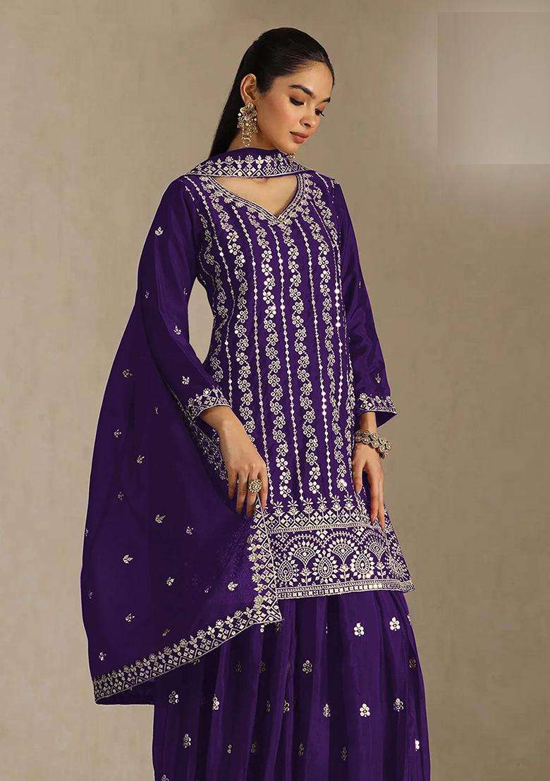 Purple Sequin Work Silk Sharara Set - Indya