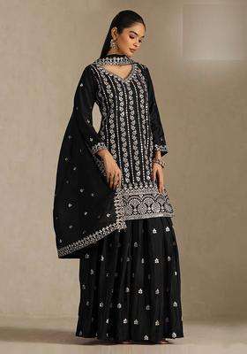 Black Sequin Work Silk Sharara Set