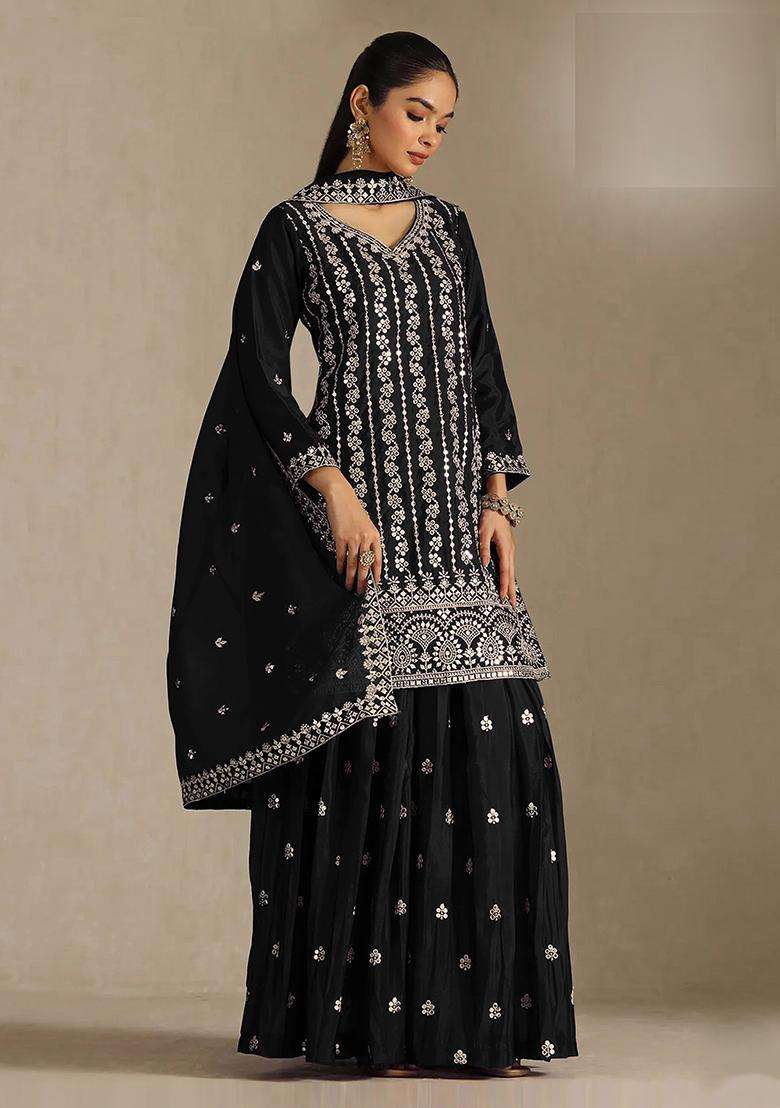 Black Sequin Work Silk Sharara Set - Indya