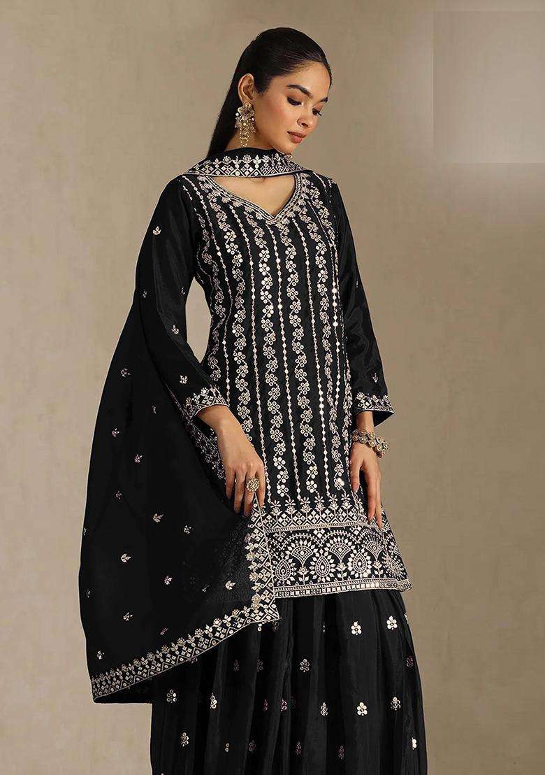 Black Sequin Work Silk Sharara Set - Indya