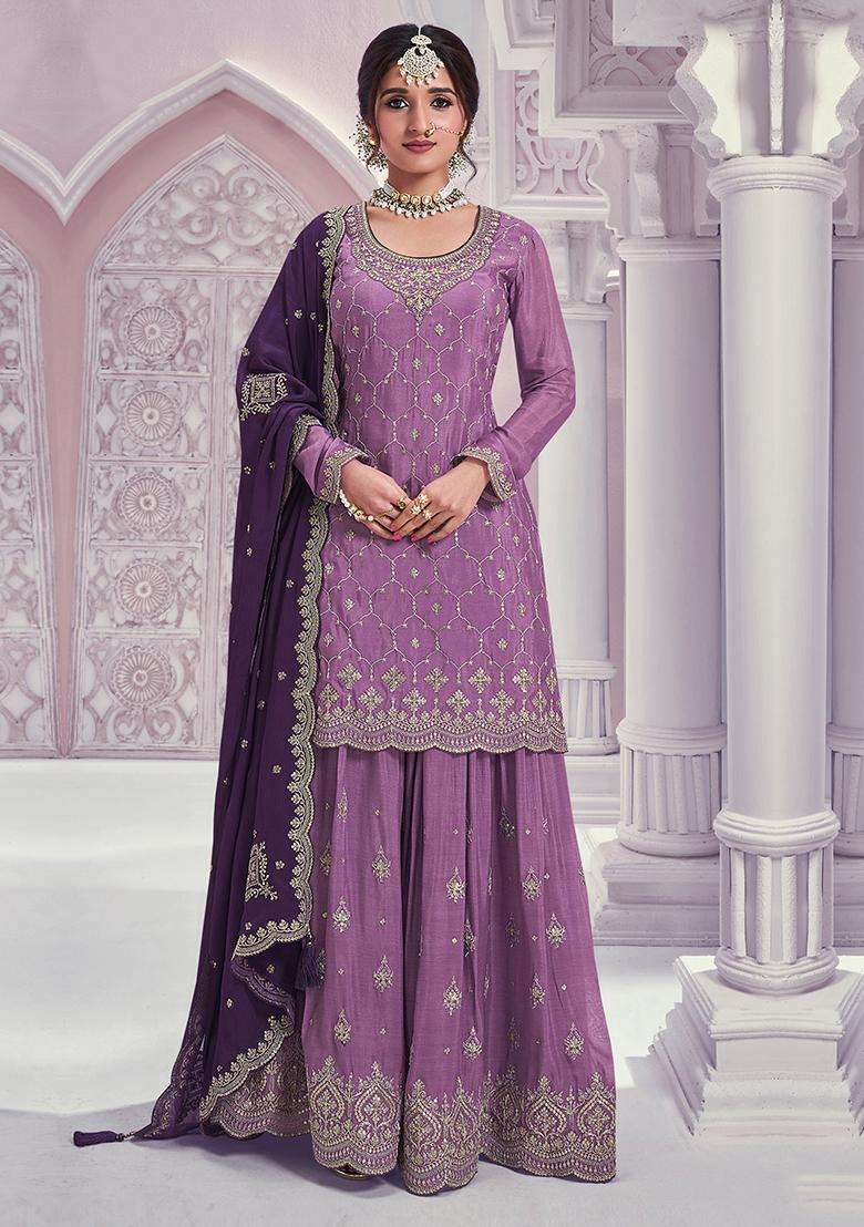 Lavender Sequin Work Silk Sharara Set - Indya