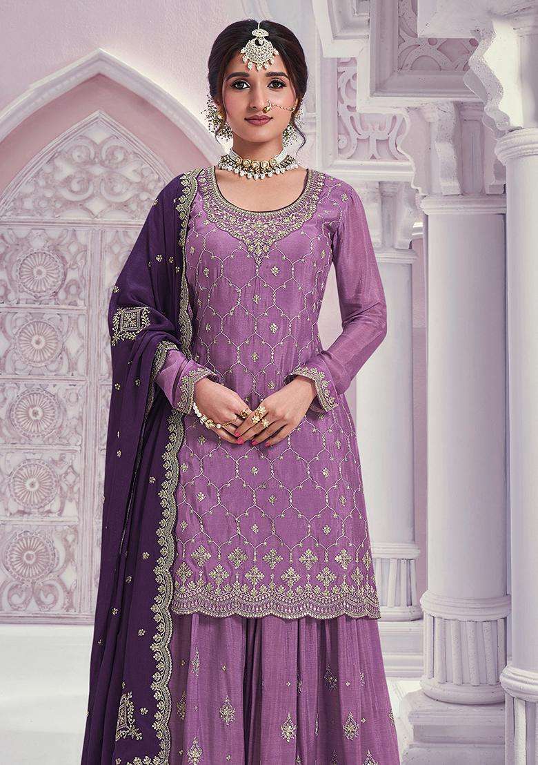 Lavender Sequin Work Silk Sharara Set - Indya