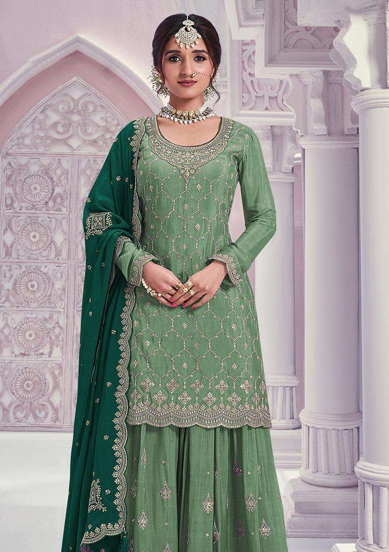 Sage Sequin Work Silk Sharara Set - Indya