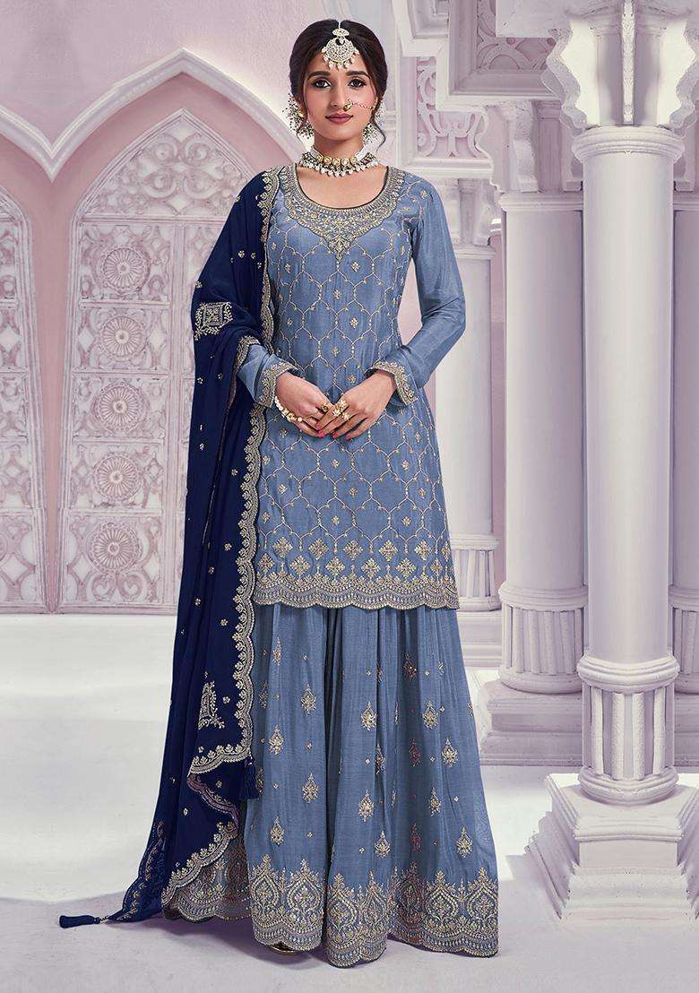 Sky Sequin Work Silk Sharara Set - Indya