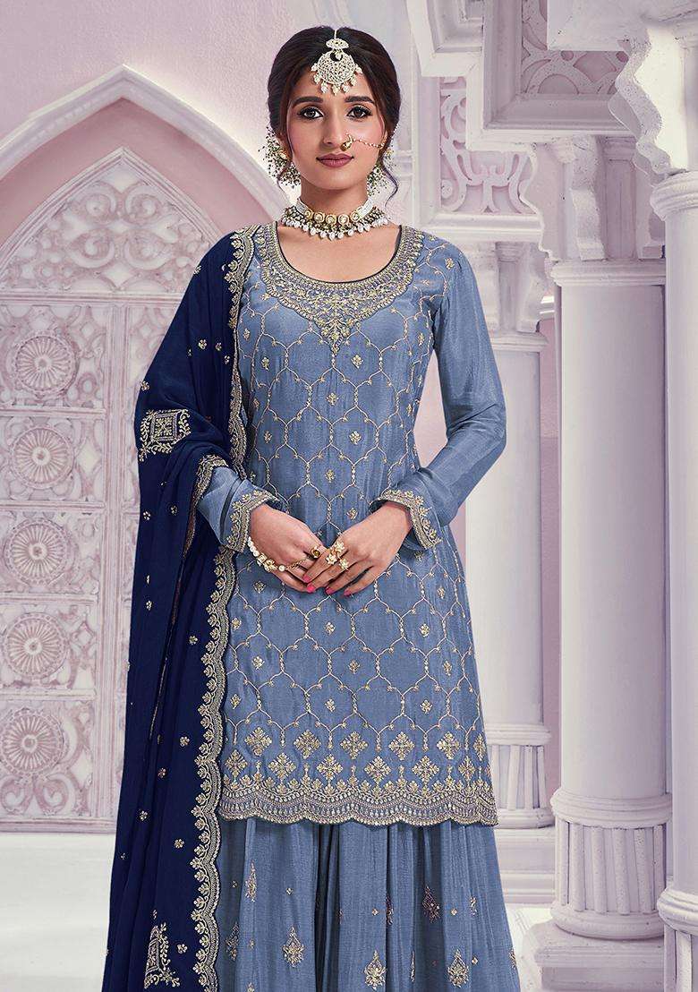 Sky Sequin Work Silk Sharara Set - Indya