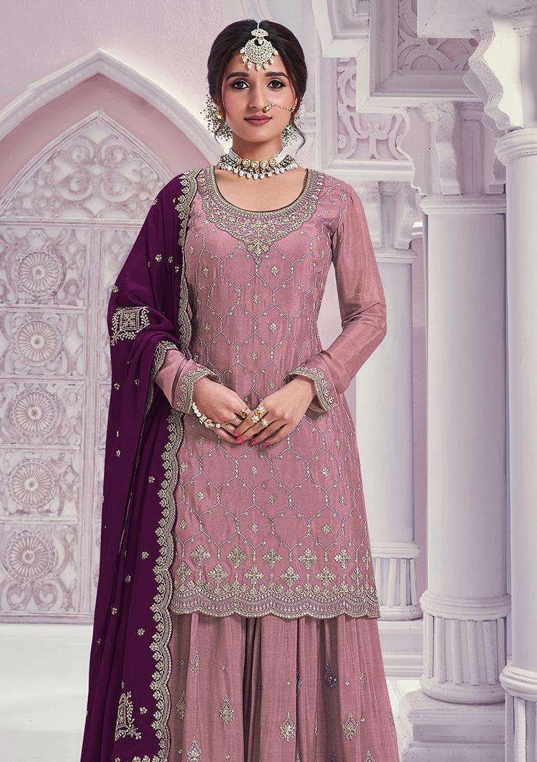 Dusty Sequin Work Silk Sharara Set - Indya
