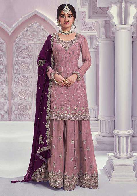 Dusty Sequin Work Silk Sharara Set