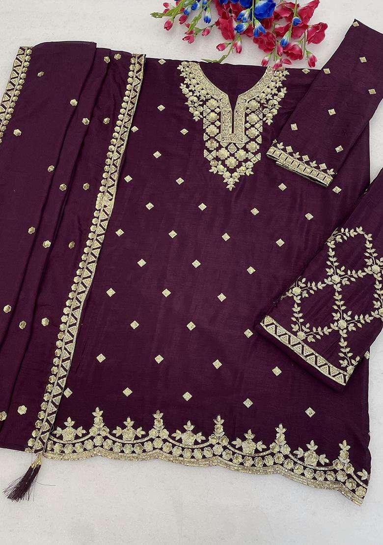 Wine Sequin Work Silk Palazzo Set - Indya