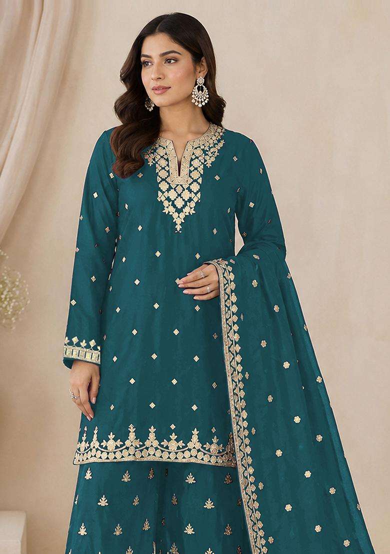 Teal Sequin Work Silk Palazzo Set - Indya