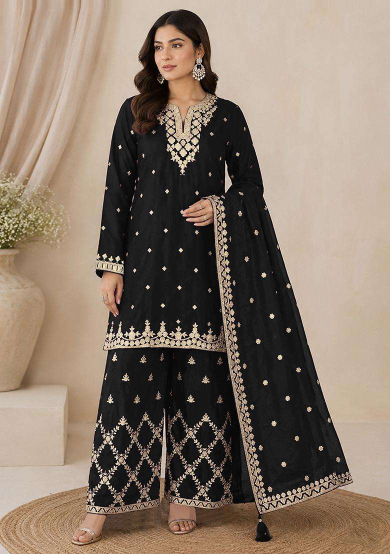 Black Sequin Work Silk Palazzo Set - Indya