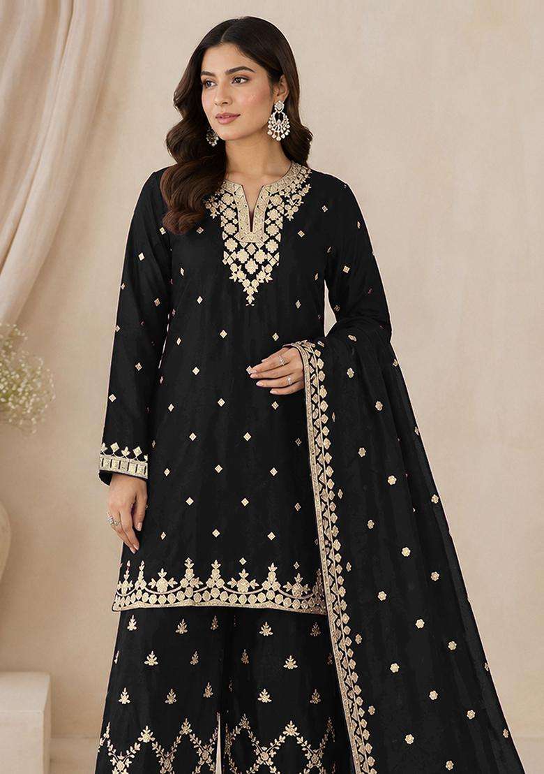 Black Sequin Work Silk Palazzo Set - Indya