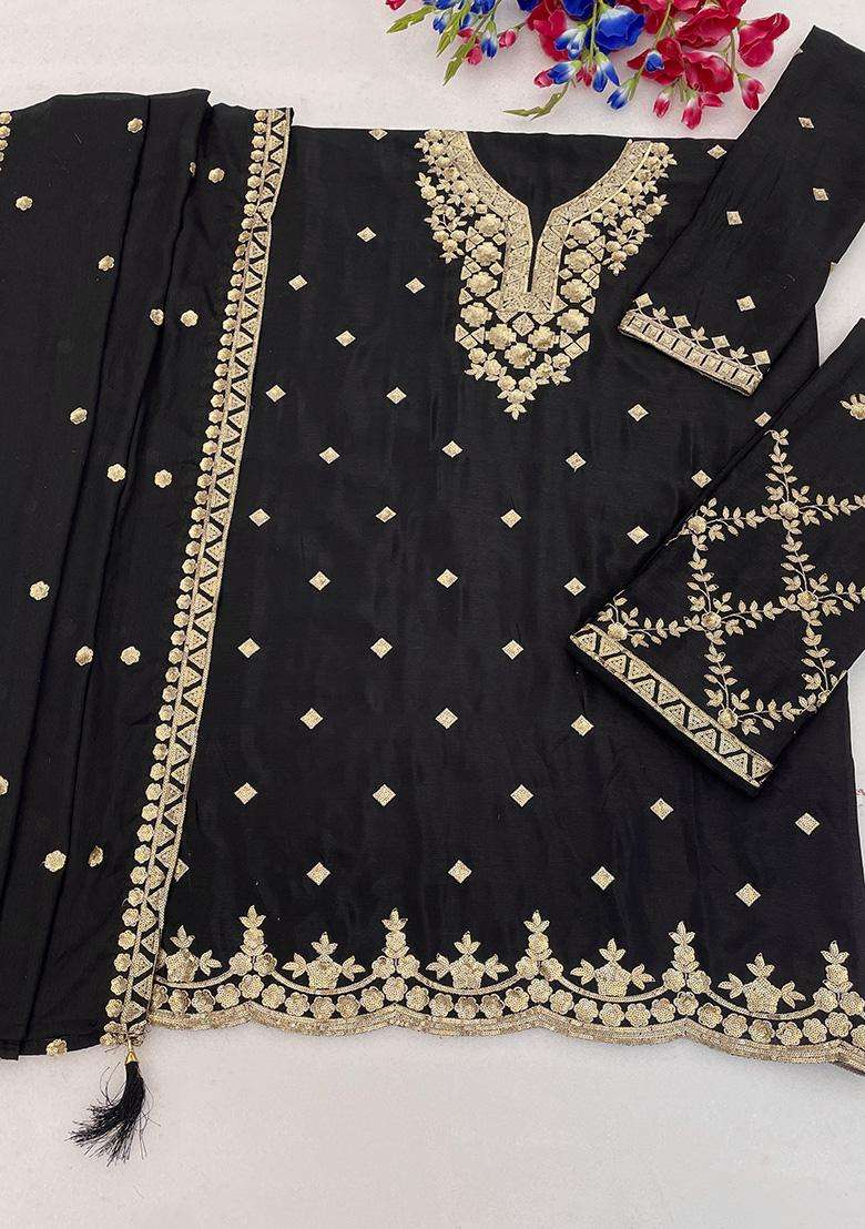 Black Sequin Work Silk Palazzo Set - Indya