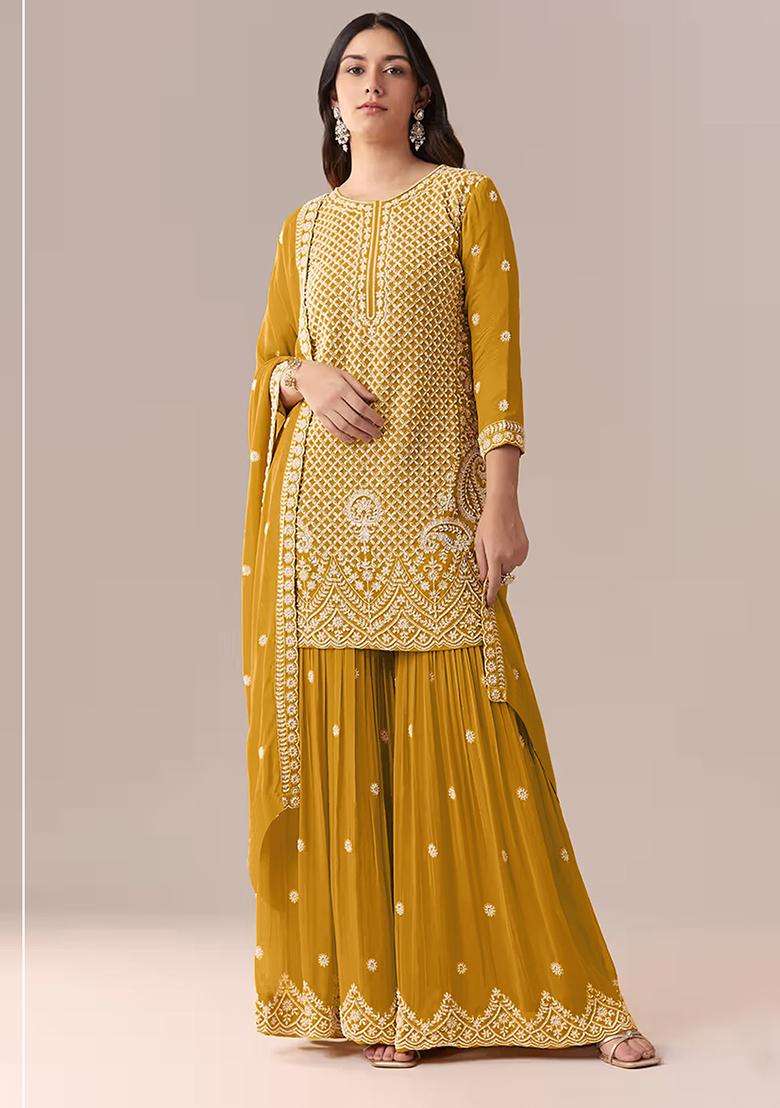 Mustard Sequin Work Georgette Sharara Set - Indya