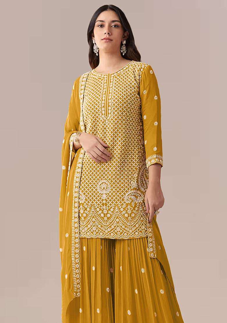 Mustard Sequin Work Georgette Sharara Set - Indya