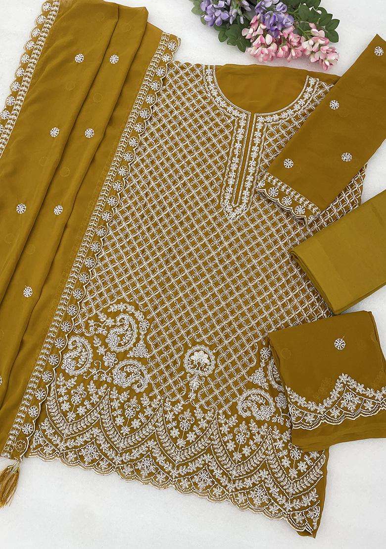Mustard Sequin Work Georgette Sharara Set - Indya