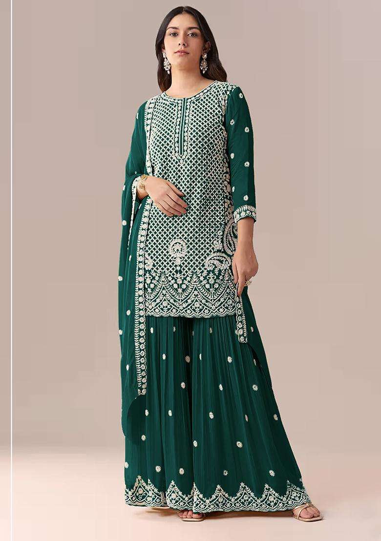 Emerald Sequin Work Georgette Sharara Set - Indya