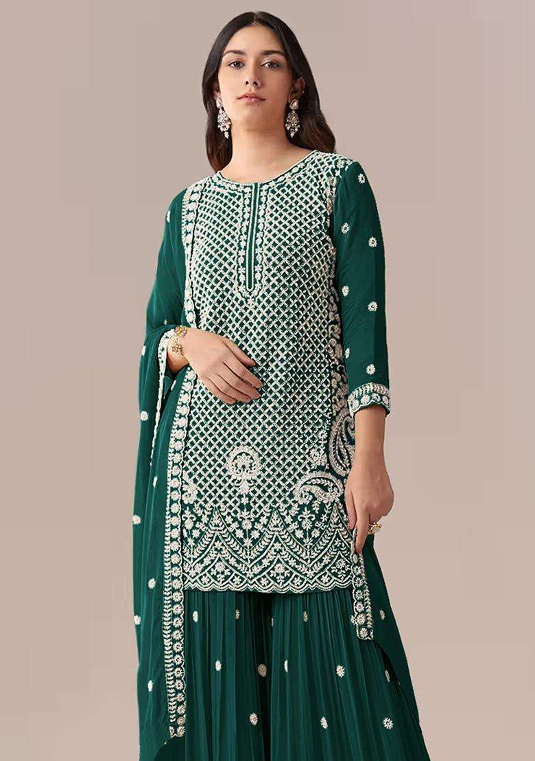 Emerald Sequin Work Georgette Sharara Set - Indya