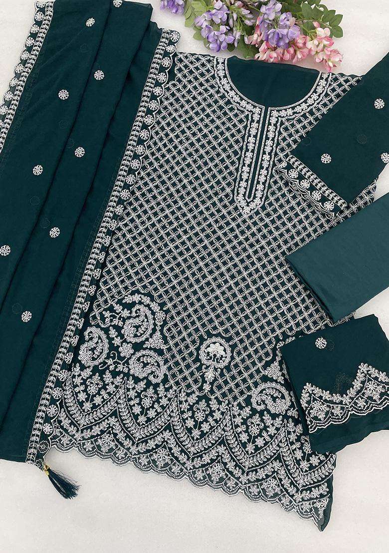 Emerald Sequin Work Georgette Sharara Set - Indya