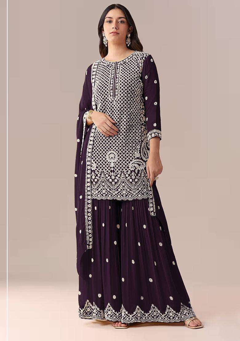Wine Sequin Work Georgette Sharara Set - Indya
