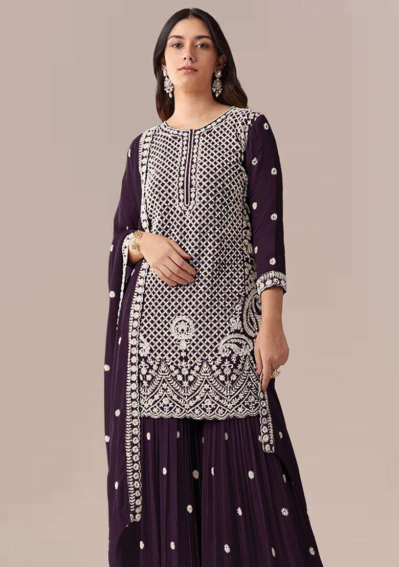 Wine Sequin Work Georgette Sharara Set - Indya