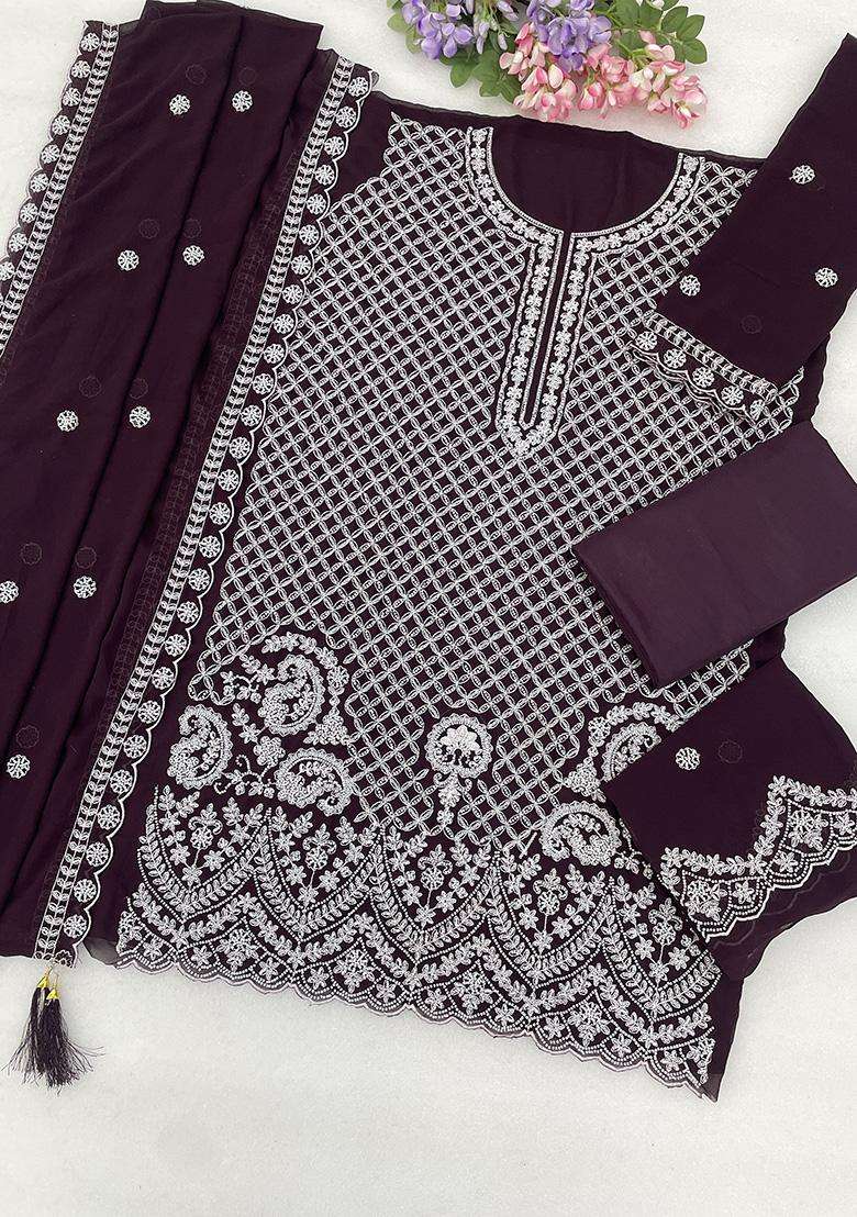 Wine Sequin Work Georgette Sharara Set - Indya