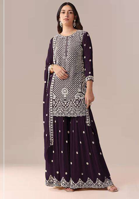 Wine Sequin Work Georgette Sharara Set