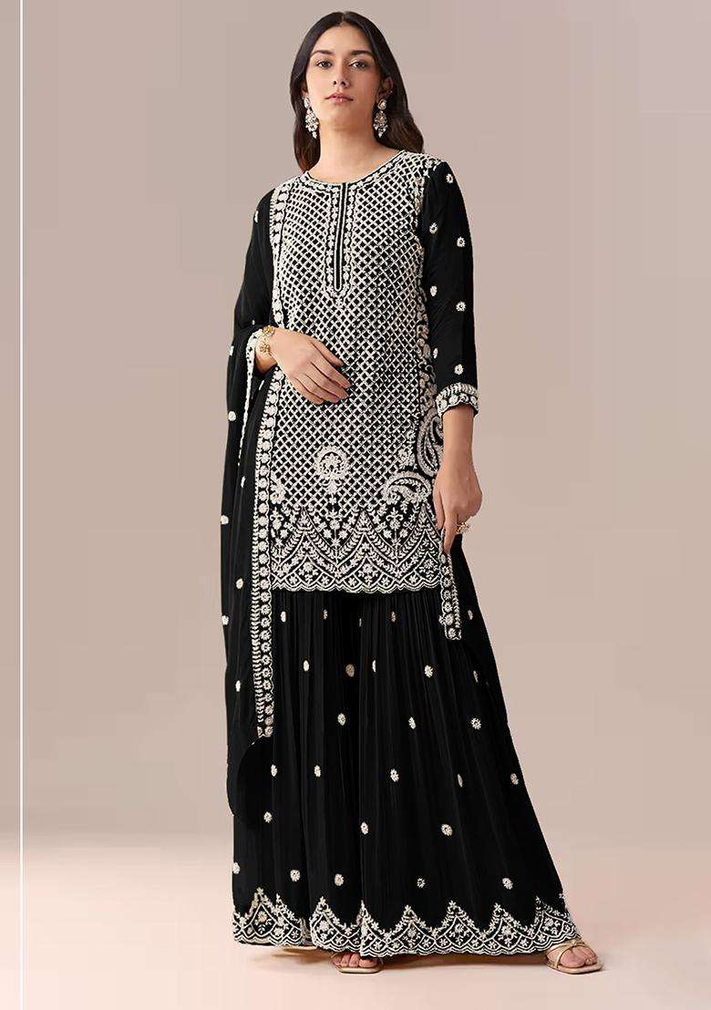 Black Sequin Work Georgette Sharara Set - Indya