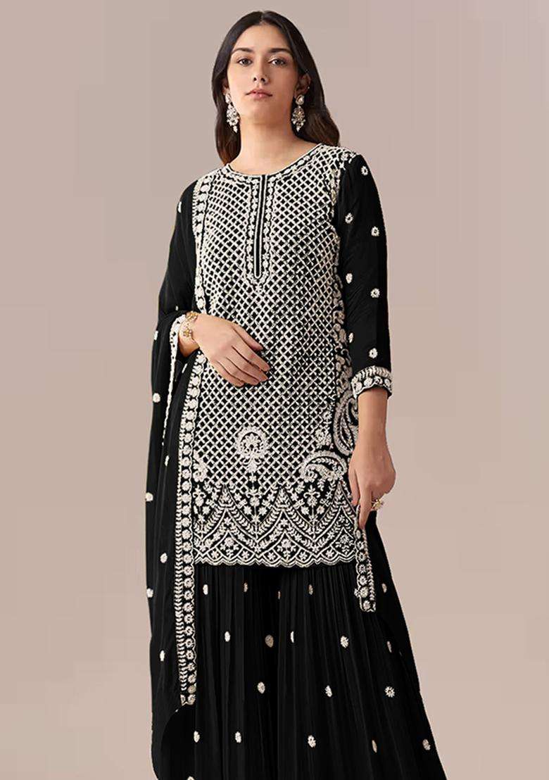 Black Sequin Work Georgette Sharara Set - Indya